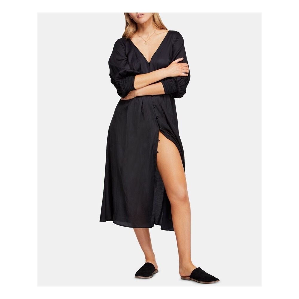 FREE PEOPLE Womens Black 3/4 Sleeve V Neck Maxi Shift Dress Sz‎ 0 OB965768